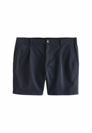 Marineblauwe herenshorts met knoop aan de voorkant, ritssluiting, broekriemlussen en zijzakken, platgelegd op een witte achtergrond.
