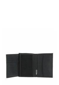 Black leather wallet with smooth texture, featuring multiple card slots, a mesh compartment, and a side pocket for bills or notes.