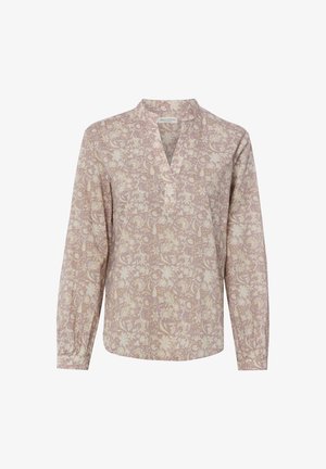 Langärmlige hellmauve Bluse mit weißem Blumenmuster, V-Ausschnitt und dezentem Kragen, aus leichtem Stoff.