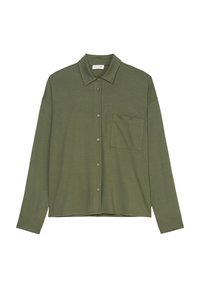 Camicia verde oliva a maniche lunghe con chiusura a bottoni, colletto, taschino sul petto e texture morbida e liscia.