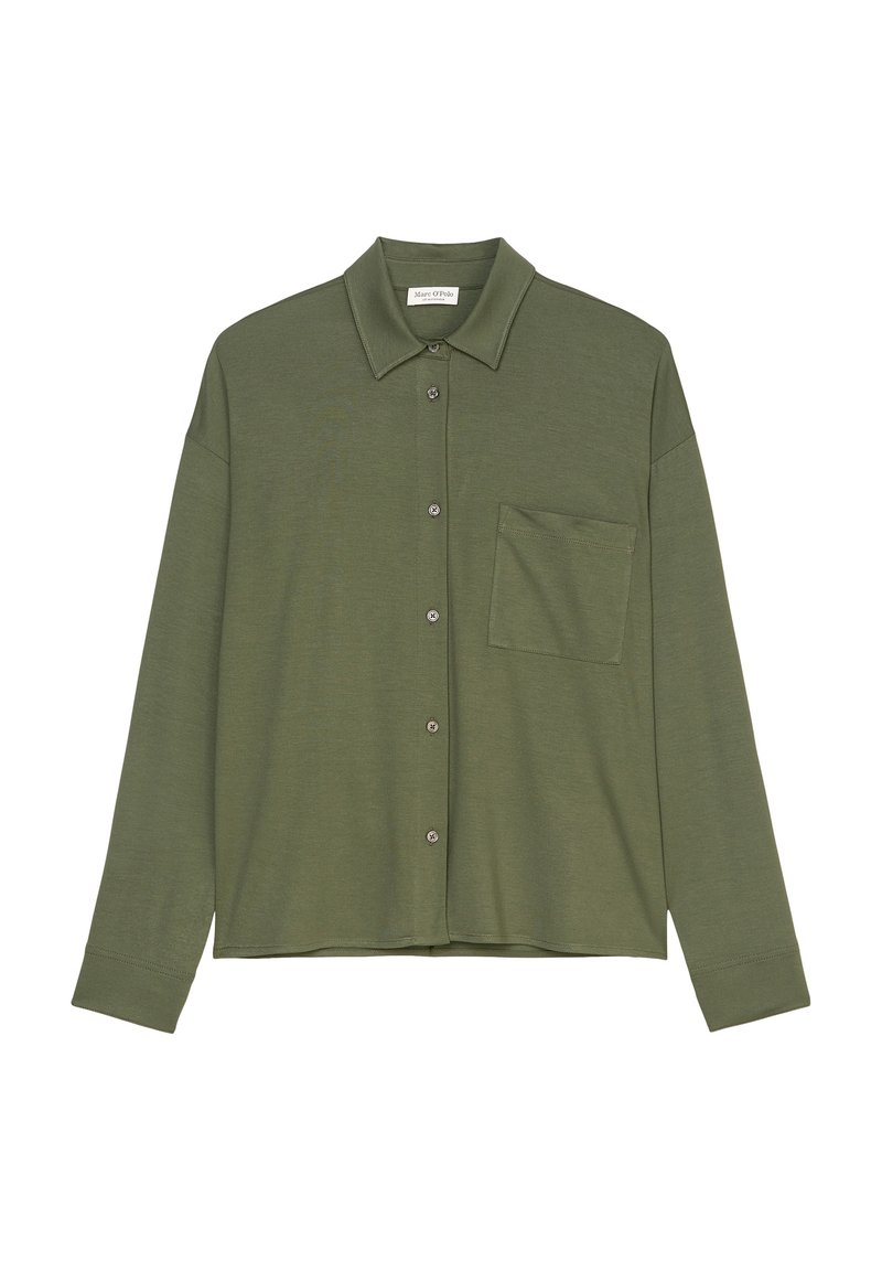 Camicia verde oliva a maniche lunghe con chiusura a bottoni, colletto, taschino sul petto e texture morbida e liscia.