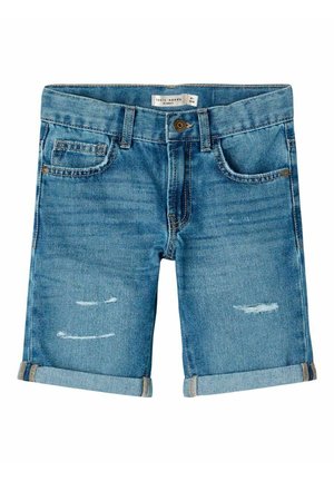 Blå denimshorts med optrukne manchetter, knap og lynlås foran, to forlommer og let slidte detaljer på forbenene.