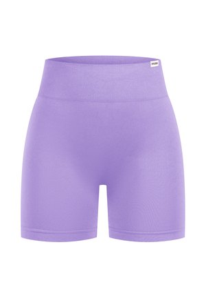 Violetti treenihousut, joissa on sileä ja joustava materiaali sekä leveä, ribattu vyötärö. Ei näkyviä kuvioita tai varusteita.