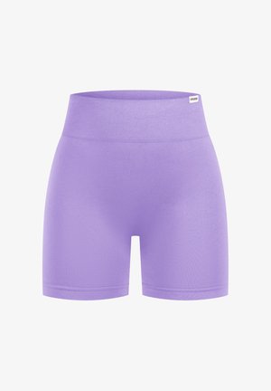 Violetti treenihousut, joissa on sileä ja joustava materiaali sekä leveä, ribattu vyötärö. Ei näkyviä kuvioita tai varusteita.