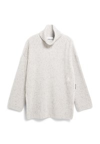 Hellgrauer Rippenstrick-Turtleneck-Pullover mit langen Ärmeln und dezenten schwarzen Sprenkeln im Stoff.