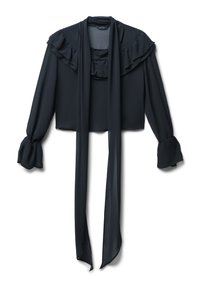 Schwarze Bluse mit gerafftem Kragen und langem Bindeband. Sie hat lange Ärmel mit gerafften Bündchen. Hergestellt aus leichtem Stoff.