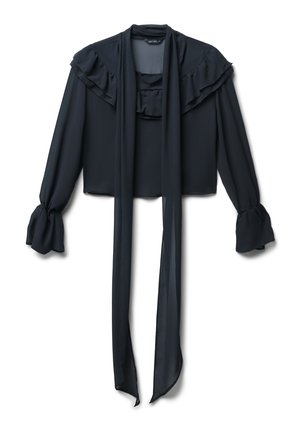 Blusa nera con colletto arricciato e dettaglio della cravatta lunga. Presenta maniche lunghe con polsini arricciati. Realizzata in tessuto leggero.
