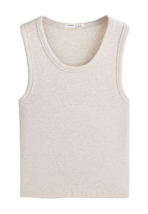 Beige geribd mouwloos hemd met ronde halslijn, gemaakt van zachte gebreide stof, label zichtbaar aan de binnenkant van de kraag.