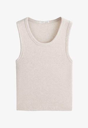 Beige geribd mouwloos hemd met ronde halslijn, gemaakt van zachte gebreide stof, label zichtbaar aan de binnenkant van de kraag.