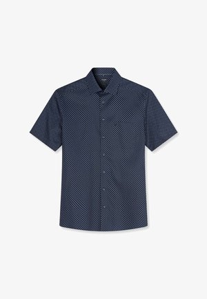 Camicia blu navy a maniche corte with piccoli pois bianchi e colletto classico, distesa su sfondo bianco.