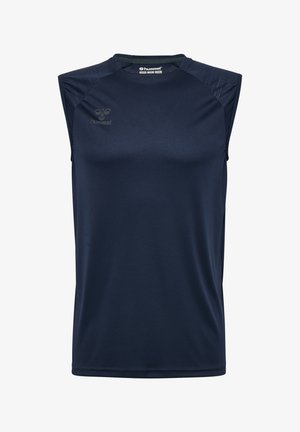 Maglietta atletica smanicata blu navy con pannelli leggermente decorati sulle spalle e piccolo logo hummel sul petto in alto a sinistra.
