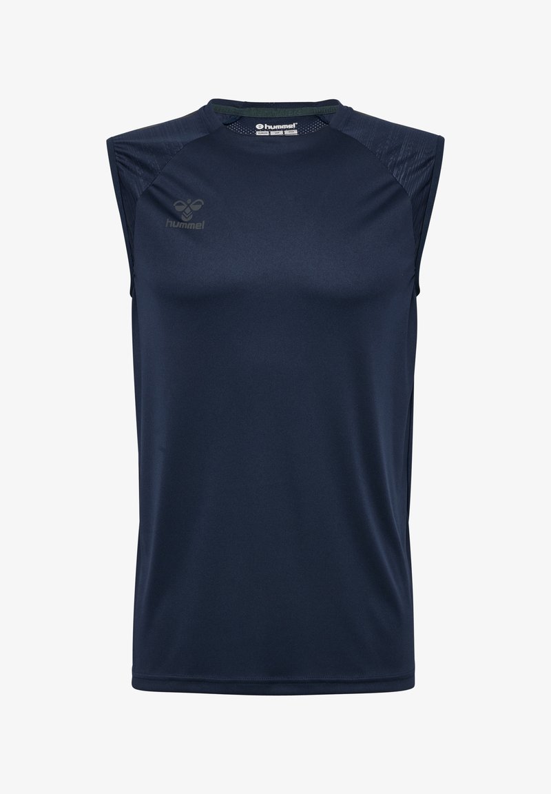 Débardeur de sport bleu marine avec des panneaux d'épaule à motif discret et un petit logo hummel sur la partie supérieure gauche de la poitrine.
