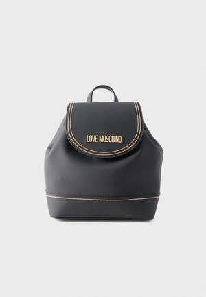 Black Love Moschino backpack with gold stitching and logo on flap, featuring a top handle and minimalist design.
