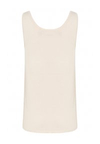 Ärmlös topp i ljus beige, tillverkad av mjukt, slätt tyg. Har en rund halsringning och en rak skärning, utan ytterligare dekorationer.