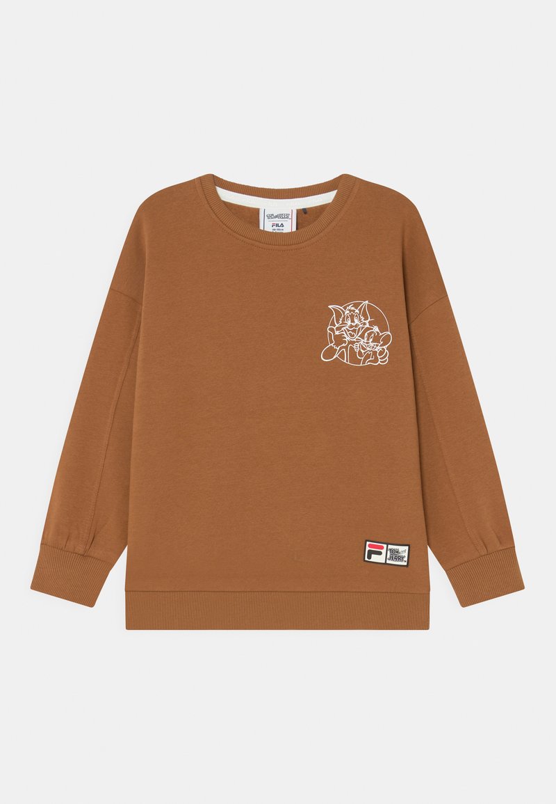 Felpa marrone realizzata in tessuto morbido, con un design di cartone animato bianco sul petto e una patch con il logo sull'orlo. Maniche lunghe e polsini a costine.