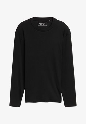 Czarna koszula z długim rękawem, wykonana z prążkowanej bawełny, z okrągłym dekoltem i luźnym krojem, z minimalistyczną metką z logo przy karku.