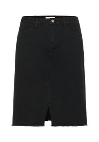 Jupe en denim noir avec une fente à l'avant, un ourlet brut, un design à cinq poches et une fermeture à bouton unique à la taille. Forme épurée et ajustée.