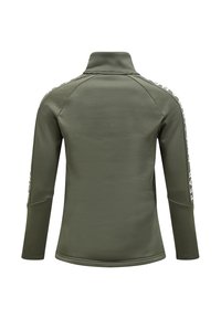 Olijfgroen longsleeve-top met een hoge kraag en witte tekstaccenten op de mouwen. Glad materiaal met een aansluitend ontwerp en raglan-schouders.