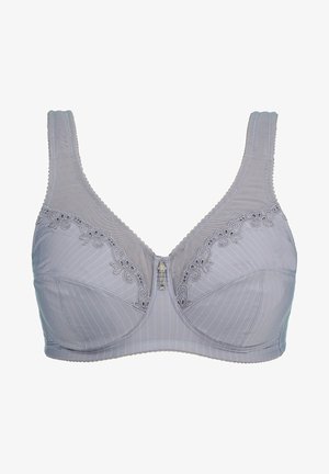 Grijze beha met bloemenkant accenten, verticale strepen, brede verstelbare bandjes en een sluiting aan de voorkant met een decoratief element.