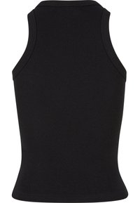 Top negru cu dungi, fără mâneci, ajustat pe corp, cu un decolteu rotund și o textură netedă. Fără decorațiuni sau accente.
