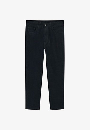 Zwarte chino's van katoen, met een recht gesneden ontwerp, twee voorzakken en een knoopsluiting bij de taille. Soepele textuur.