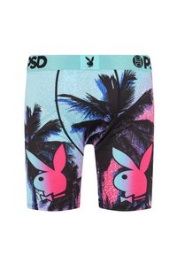 Boxers imprimés avec un motif de palmiers bleu clair. Présentent des accents du logo Playboy en noir et rose ainsi qu'une taille bleu clair.