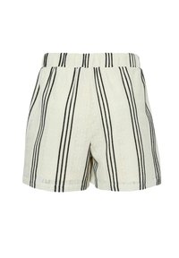 Pantaloni corti bianchi in tessuto texturizzato con strisce verticali nere. Vita elastica, vestibilità ampia e design semplice.