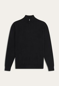 Zwarte pullover trui met een hoge kraag en halve rits. Soepele textuur en ribbelmanchetten en -zoom. Klassieke pasvorm voor veelzijdig gebruik.