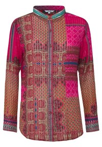 Langärmliges Hemd in lebhaftem Pink mit aufwendigen Mustern, versehen mit Knöpfen und einem Stehkragen, aus leichtem Stoff gefertigt.