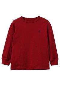 Röd långärmad t-shirt i bomull. Har en rund halsringning, rak skärning och en liten blå logotyp på bröstet. Mjuk textur.