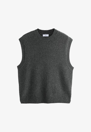 Suéter gris sin mangas hecho de lana suave. Presenta un cuello redondo y un dobladillo acanalado para un acabado texturizado. Diseño simple y minimalista.