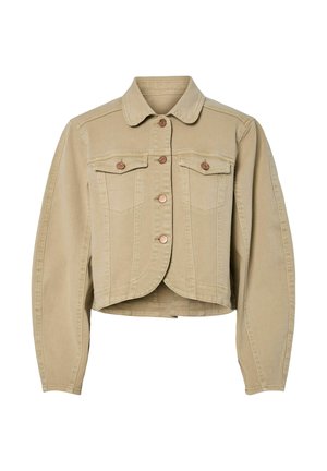 Beige cropped denim jack met lange mouwen, knoopsluiting aan de voorkant, twee borstzakken met klep en een afgeronde zoom.