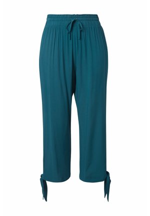 Volné krátké kalhoty v tyrkysové barvě s elastickým pasem, šňůrkou na zavazování a látkovými pásky na lemech nohavic pro nastavitelný styl.