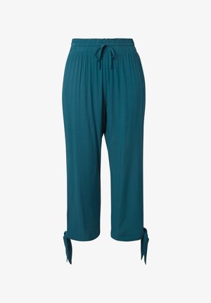 Luchtige, gescroptte broek in turquoise met elastische tailleband, aantrekkoord en stoffen strikjes aan de enkelboorden voor verstelbare styling.