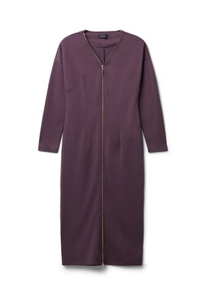 Abito lungo con zip frontale in tessuto di un profondo viola. Caratterizzato da maniche lunghe, due tasche frontali e una texture liscia con un taglio elegante e moderno.