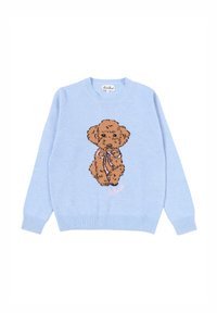 Maglione lavorato a maglia blu chiaro con un cane marrone che tiene in bocca un fiocco rosa e la scritta "St. Barth" sotto il design del cane.