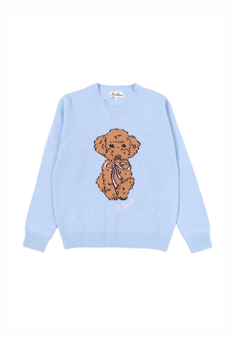 Maglione lavorato a maglia blu chiaro con un cane marrone che tiene in bocca un fiocco rosa e la scritta "St. Barth" sotto il design del cane.