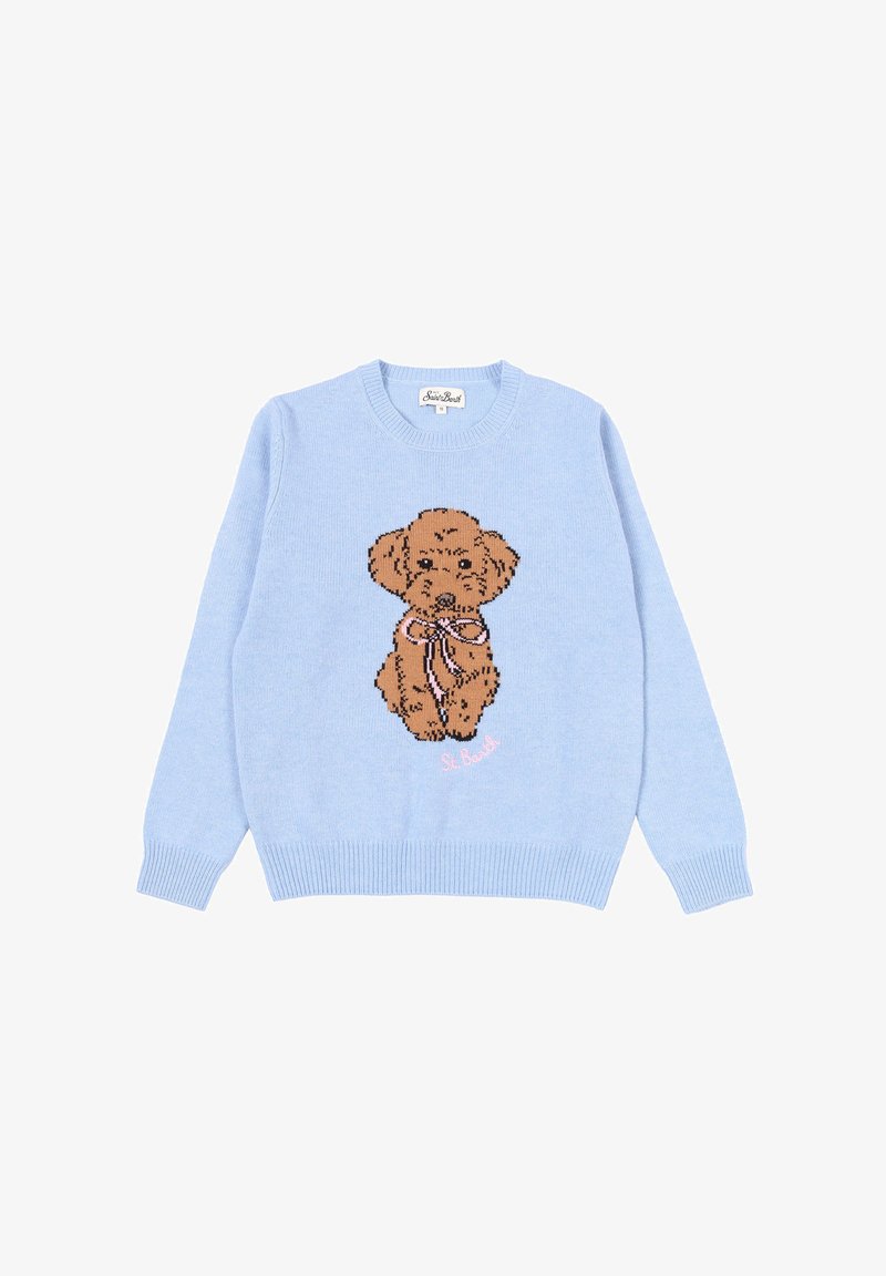 Maglione lavorato a maglia blu chiaro con un cane marrone che tiene in bocca un fiocco rosa e la scritta "St. Barth" sotto il design del cane.