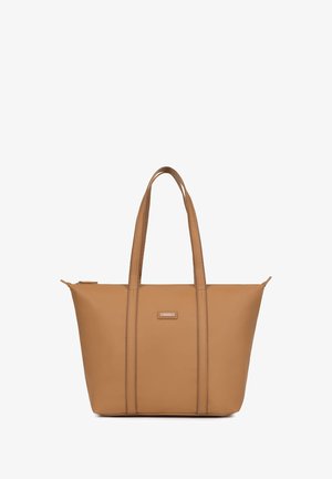 Sac fourre-tout beige avec un design structuré, surface lisse, deux longues poignées et des coutures verticales contrastées. Fermeture éclair en haut.