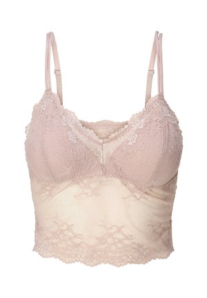 Helle rosa Spitzen-Bralette mit verstellbaren Trägern, Blumenmustern auf den Cups und einem weich strukturierten Band, das eine geriffelte Saumdetail aufweist.