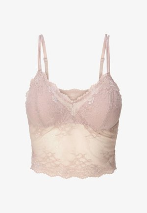 Bralette en dentelle rose clair avec des bretelles réglables, motifs floraux sur les bonnets et une bande texturée douce, présentant un détail de bordure festonnée.