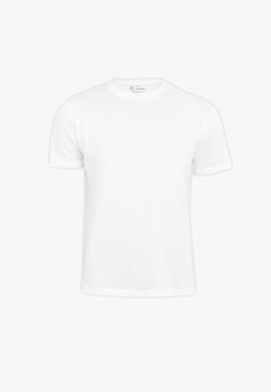Ein einfaches weißes Kurzarm-T-Shirt mit Rundhalsausschnitt aus Baumwolle, flach auf einem weißen Hintergrund präsentiert.
