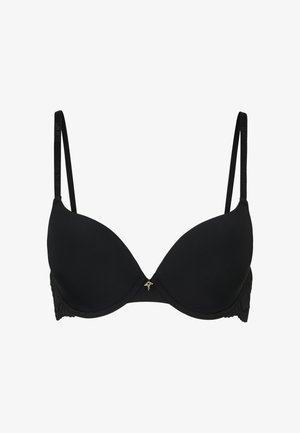 Reggiseno nero con ferretto, coppe in tessuto liscio, ali in pizzo e dettaglio dorato al centro. Spalline regolabili. Design scollato classico.