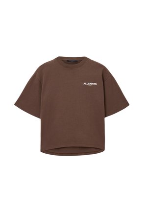 T-shirt marrone oversize realizzato in cotone. Caratterizzato da un colletto rotondo e maniche corte. Include il logo bianco "ALLSAINTS" sul davanti.