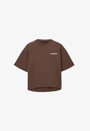T-shirt marrone oversize realizzato in cotone. Caratterizzato da un colletto rotondo e maniche corte. Include il logo bianco "ALLSAINTS" sul davanti.