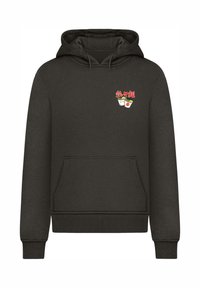Felpa con cappuccio grigio scuro in tessuto misto cotone. Presenta una tasca frontale, cappuccio con coulisse e una piccola grafica colorata a tema cibo sul petto.