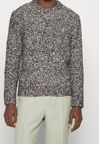 Suéter de punto con cuello redondo, patrón moteado multicolor sobre una base oscura. Puños y dobladillo acanalados. Combinado con pantalones de un verde claro.
