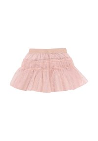 Fijn rozenkleurig tule rok met een zachte elastische tailleband en gelaagde ruches, met een stippenpatroon voor extra textuur.