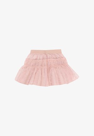 Jupe en tulle rose pâle avec une taille élastique douce et des volants superposés, présentant un motif à pois pour une texture supplémentaire.