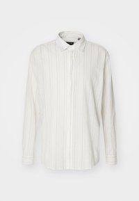 Witte blouse met lange mouwen, verticale lichtgrijze strepen, knoopsluiting aan de voorkant, kraag en manchetten. Lichtgewicht, textured stof.